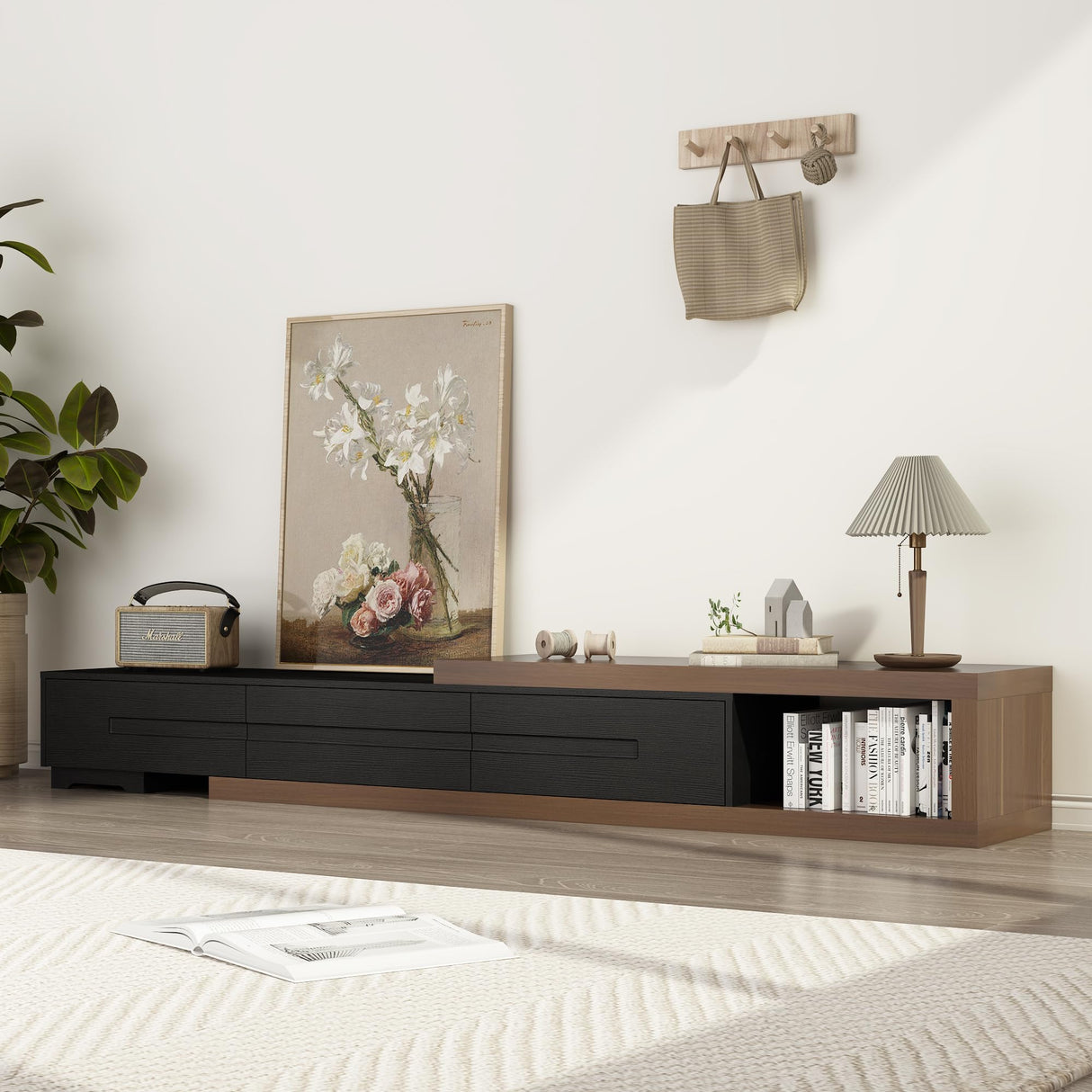 Hlivelood Extendable TV Stand, Modern Entertainment Center for Up to 120 Inch TV, Wood Reversible TV Media Console with 3 Drawers for Living Room Bedroom, 82-110''(Black& Walnut) Hlivelood