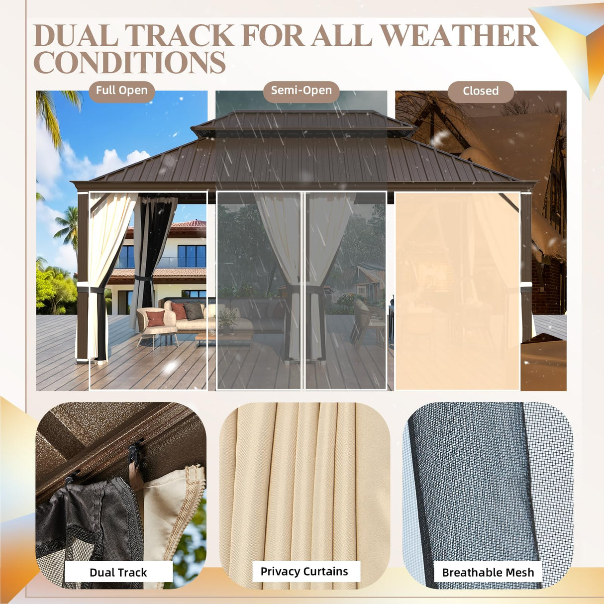 YOLENY 12' x 18' Gazebo, Galvanized Steel Double Roof Hardtop Gazebo with Aluminum Frame, Permanent Outdoor Metal Pavilion with Curtain and Netting for Patio, Lawn and Garden YOLENY