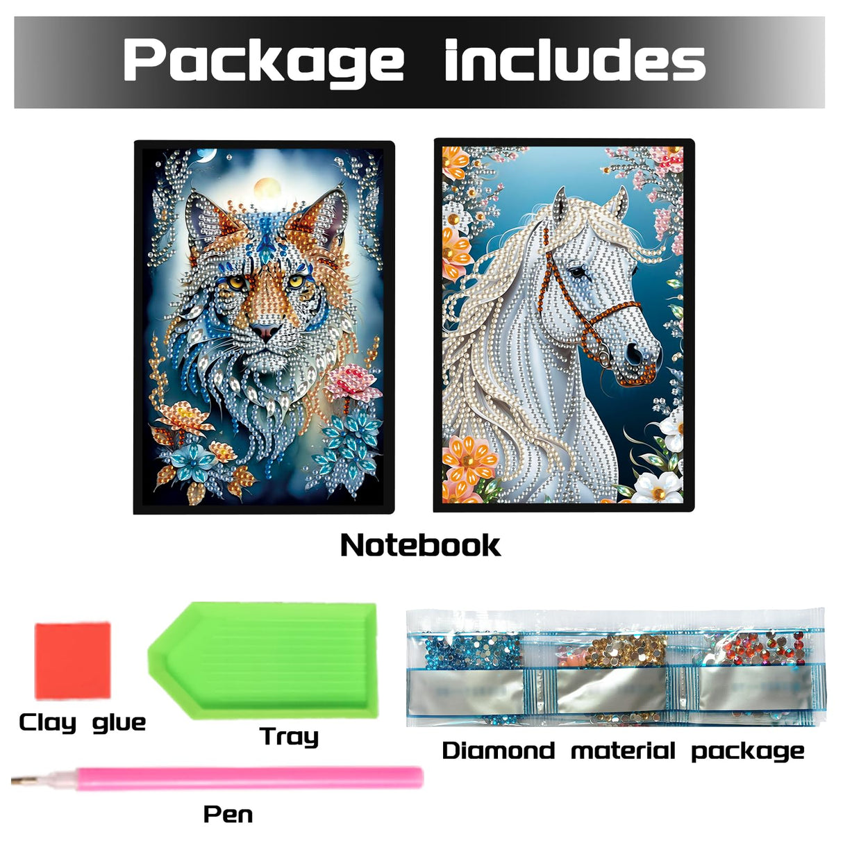 DCIDBEI 2 Pack DIY Diamond Painting Notebook Tiger Horse A5 Blank Diamond Painting Diary Sketchbook Book Rhinestone Craft Diamond Art Notebook Students 50 Sheets Diamond Journal Kits DCIDBEI