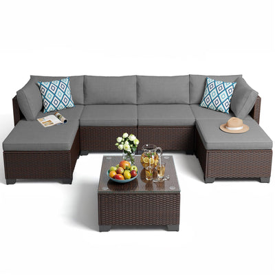 Gizoon 7 Pieces Outdoor Patio Furniture Set, All-Weather PE Rattan Wicker Sectional Sofa Seating with Waterproof Cushions and Coffee Table, Outdoor Conversation Set for Garden, Backyard, Balcony