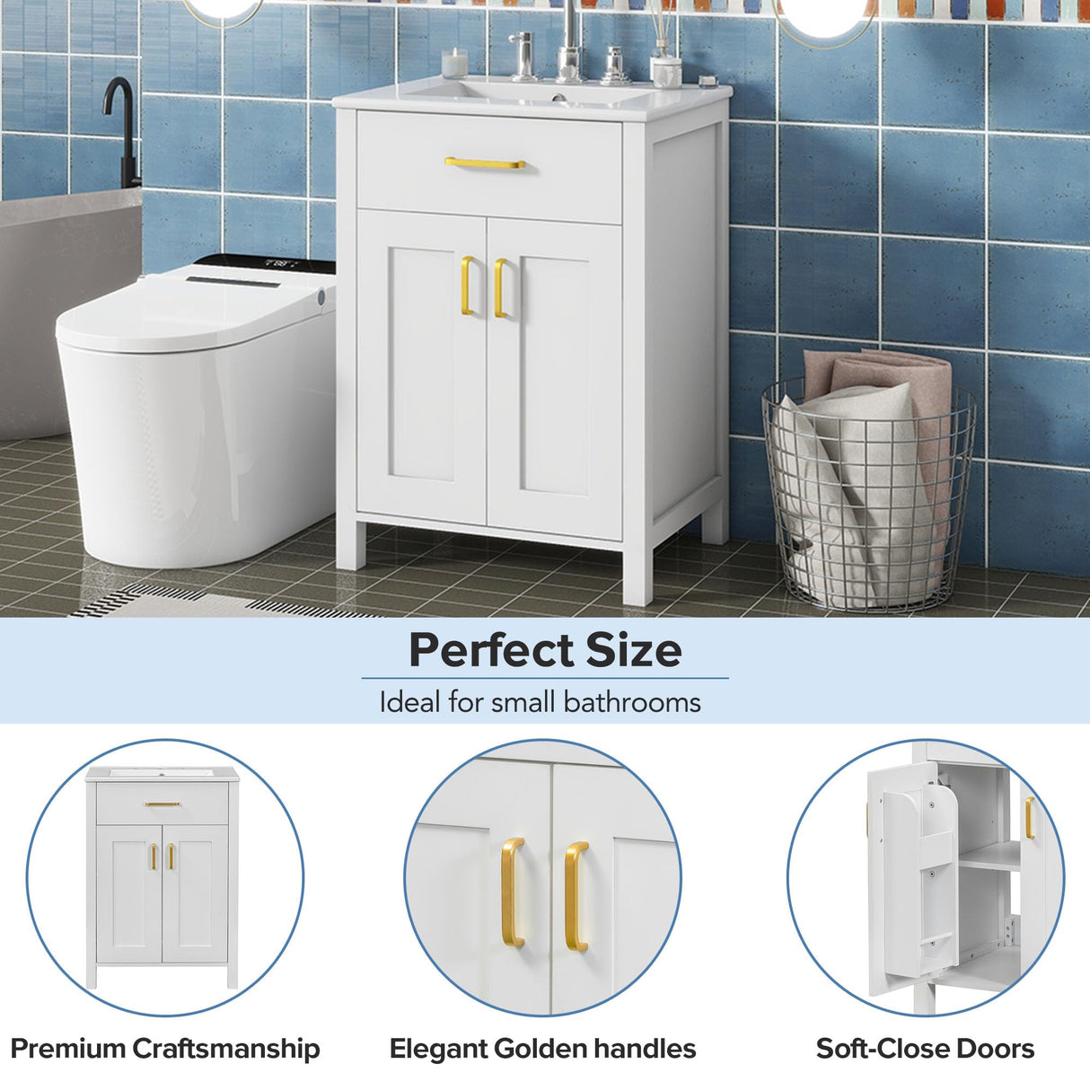 LUMISOL 24" Bathroom Vanity with Sink, Single Bathroom Vanity with a Drawer & Soft-Close Doors, Solid Wood Bathroom Cabinet with 2-Tier Racks, Adjustable Shelf, Ceramic Vessel Sink, White 24 in LUMISOL