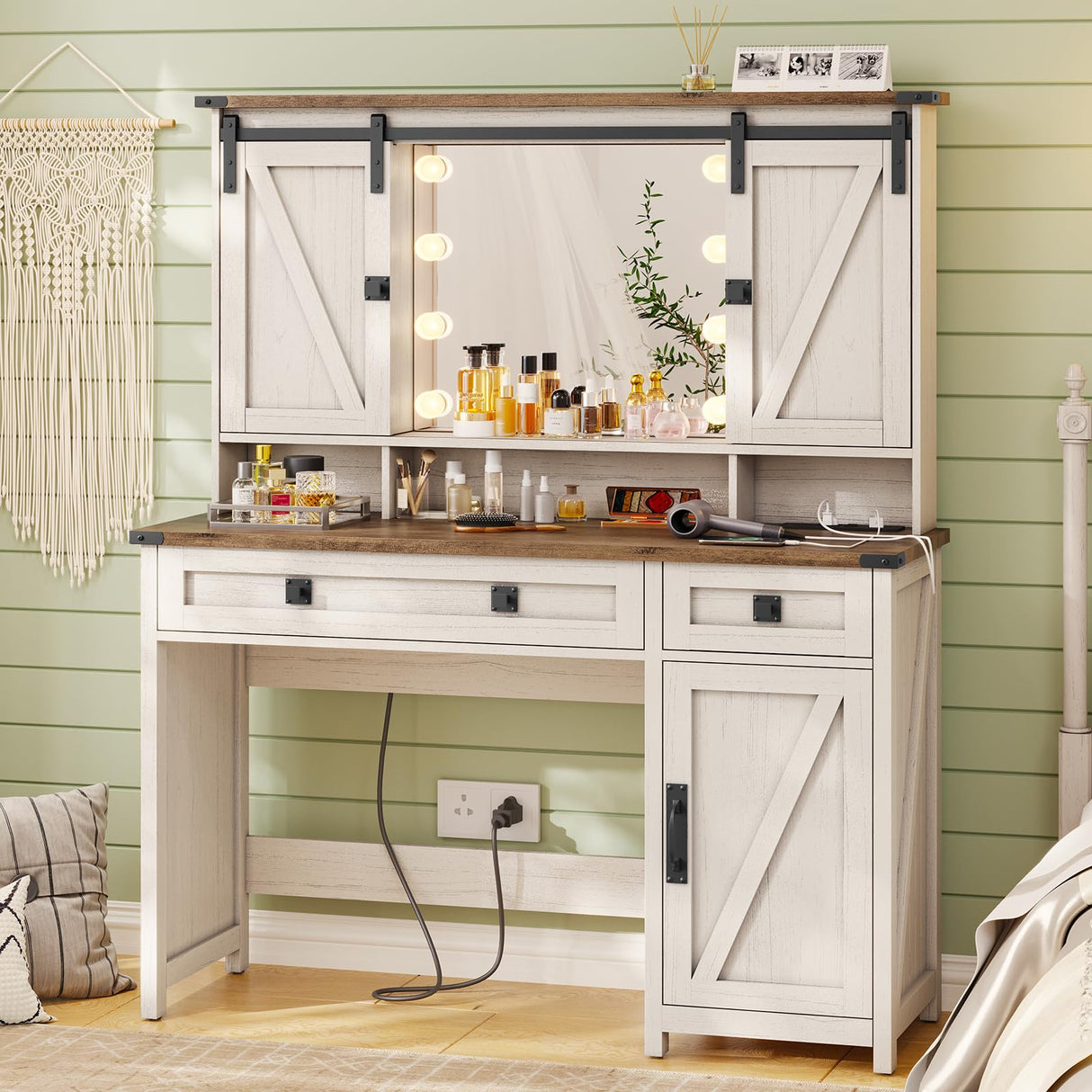 VIAGDO Farmhouse Makeup Vanity Desk with Sliding Door and Lights, Vanity Table with Charging Station & 2 Drawers, Rustic Big Vanity Table with Hooks/Shelves/Hidden Space for Bedroom VIAGDO