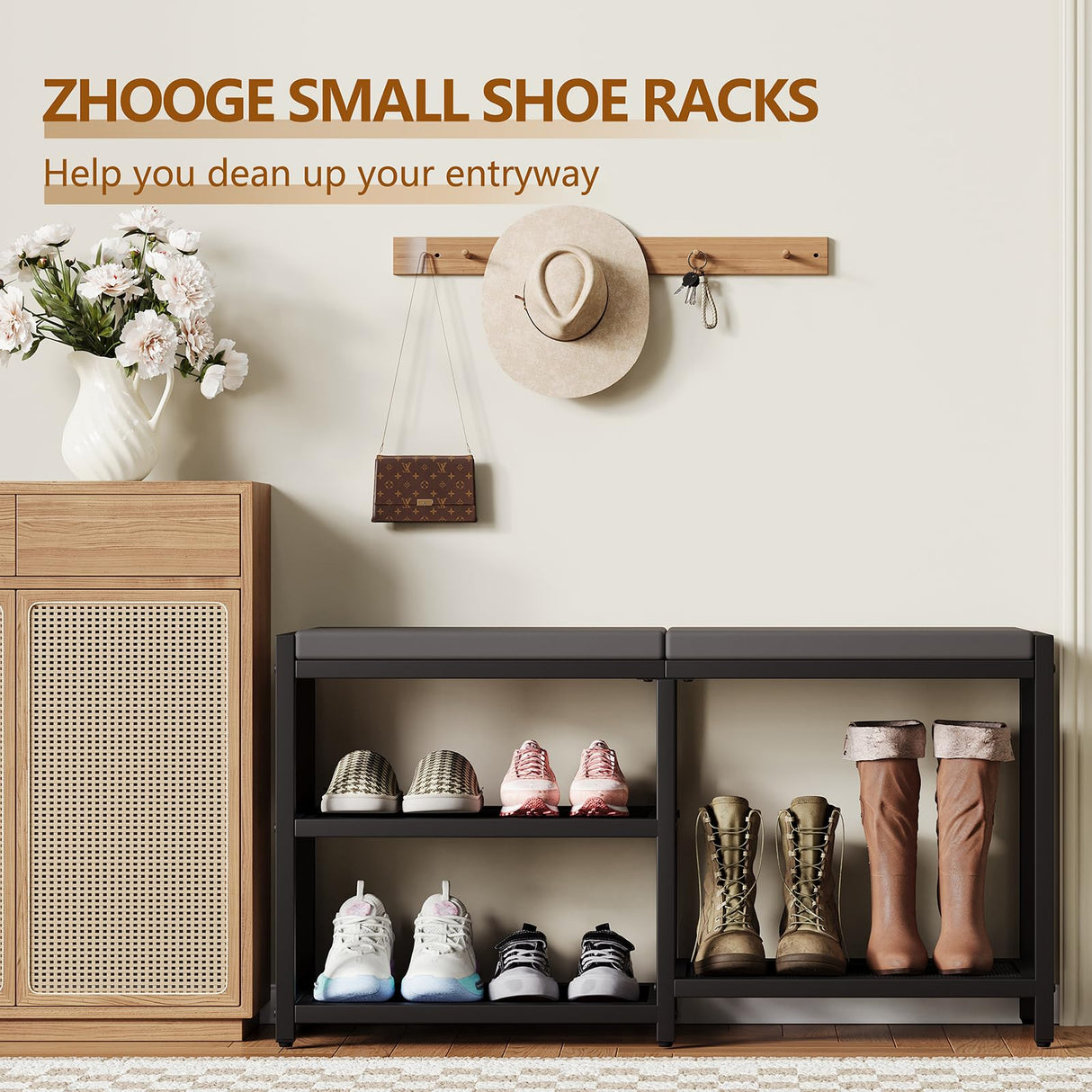 ZHOOGE Shoe Bench & Rack Storage Bench - Entryway Bench with Seat Cushion, Stable Organizer for Entryway & Living Room, Holds Up to 300 lb, (35" L x 12" W x 17" H, Black) ZHOOGE