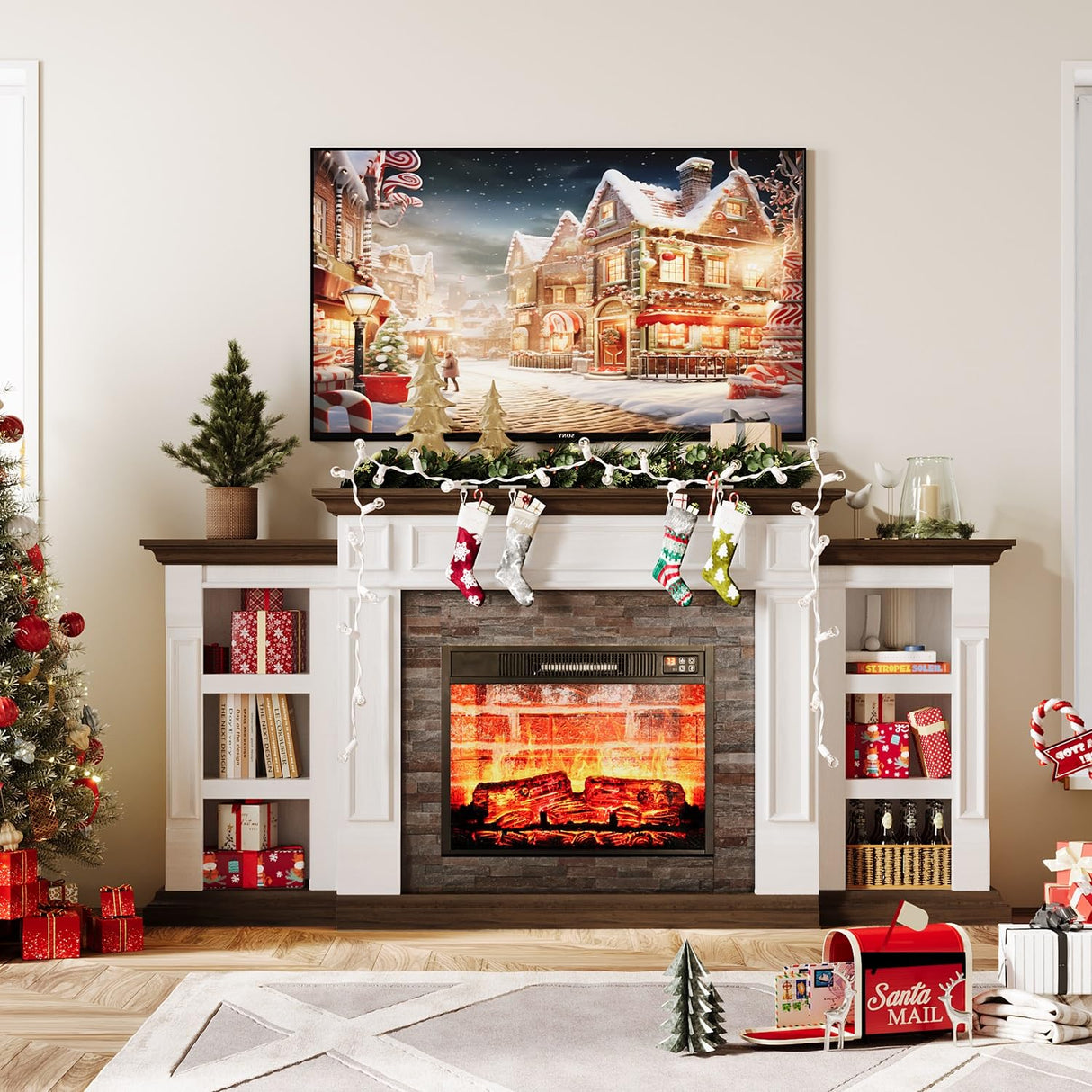 Naice 70" Electric Fireplace with Mantel and Cabinets, Fireplace TV Stand for Living Room Bedroom, Stacked Stone Surround and Remote Control 3D Realistic Flame Naice