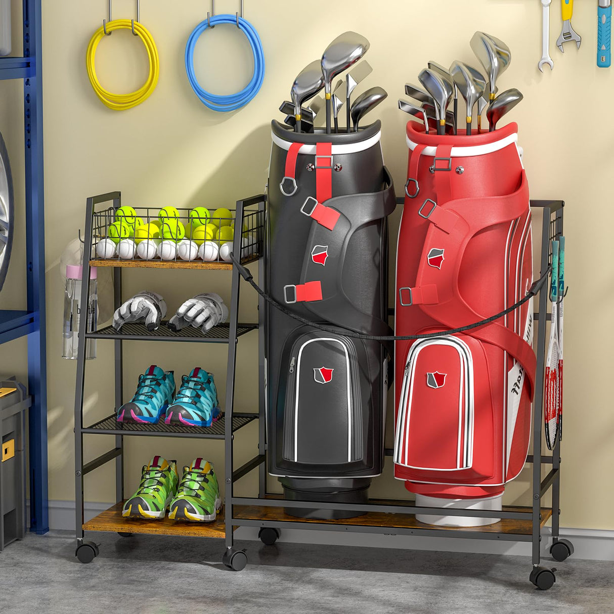 Golf Bag Storage Rack for Garage with Wheels, Organizer for 2 Golf Bag and Equipment Accessories, Golf Organizer Stand Ideal for Home, Garage, Club, Shed, Basement - Sturdy and Durable (Black) DAOUTIME