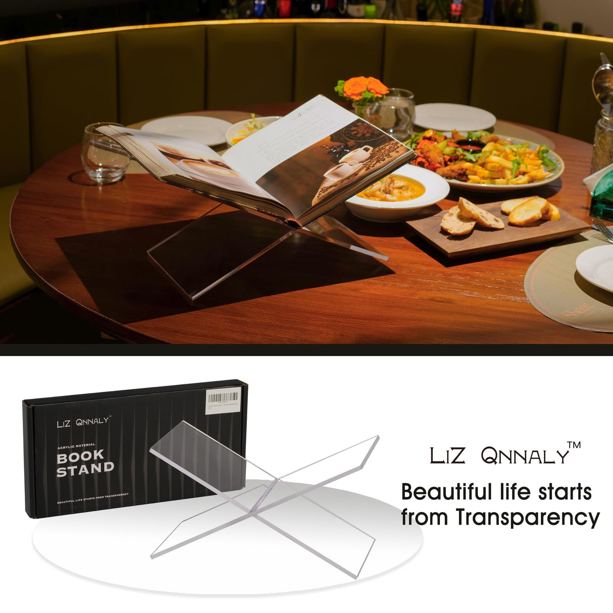 LIZ QNNALY Large Clear Acrylic Book Stand - Perfect for Displaying Open Books on Your Coffee Table - Ideal for Bibles, Cook Books, Guest Books, Magazines, Each with a Lucite Paperweight (Clear) LIZ QNNALY