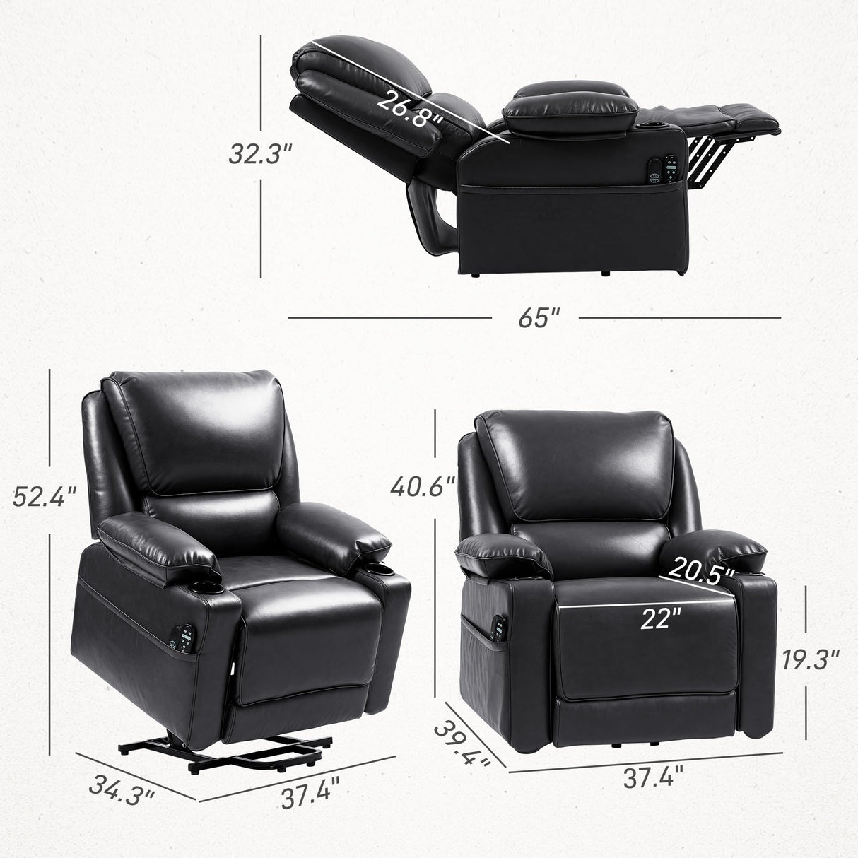 HOMCOM Power Lift Recliner Chair for Elderly, Wide Faux Leather Lift Chair with Vibration Massage and Heat, Overstuffed Reclining Single Sofa with Remote, USB Port, Side Pockets, Black HOMCOM