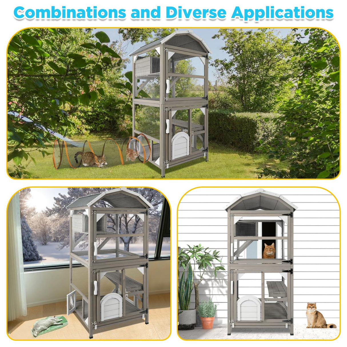 Gowoodhut 71'' Large Cat House Outdoor Catio Enclosures Indoor Kitten Cages with Attachable Window Resting Box,Waterproof Roof Gowoodhut