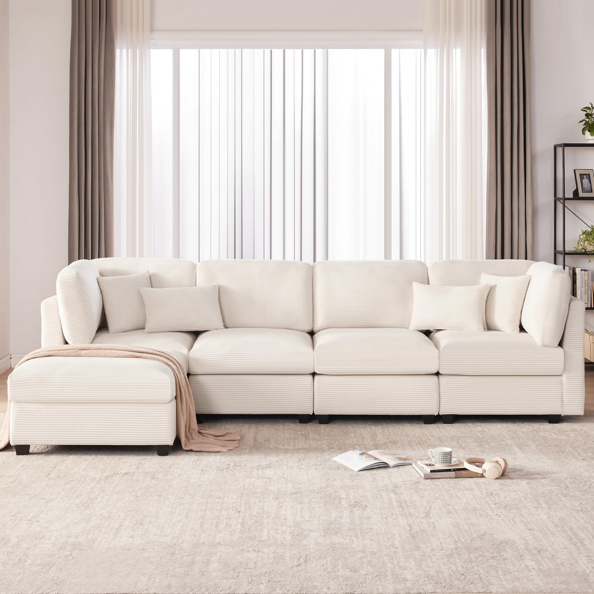 Huatean Home 125 Inch Oversized Corduroy Modular Sectional Sofa, U Shaped Modular Couch with Storage, 5 Seat Convertible Corduroy Couch, Comfy Sectional Couches for Living Room with Foam, Light Beige Huatean Home