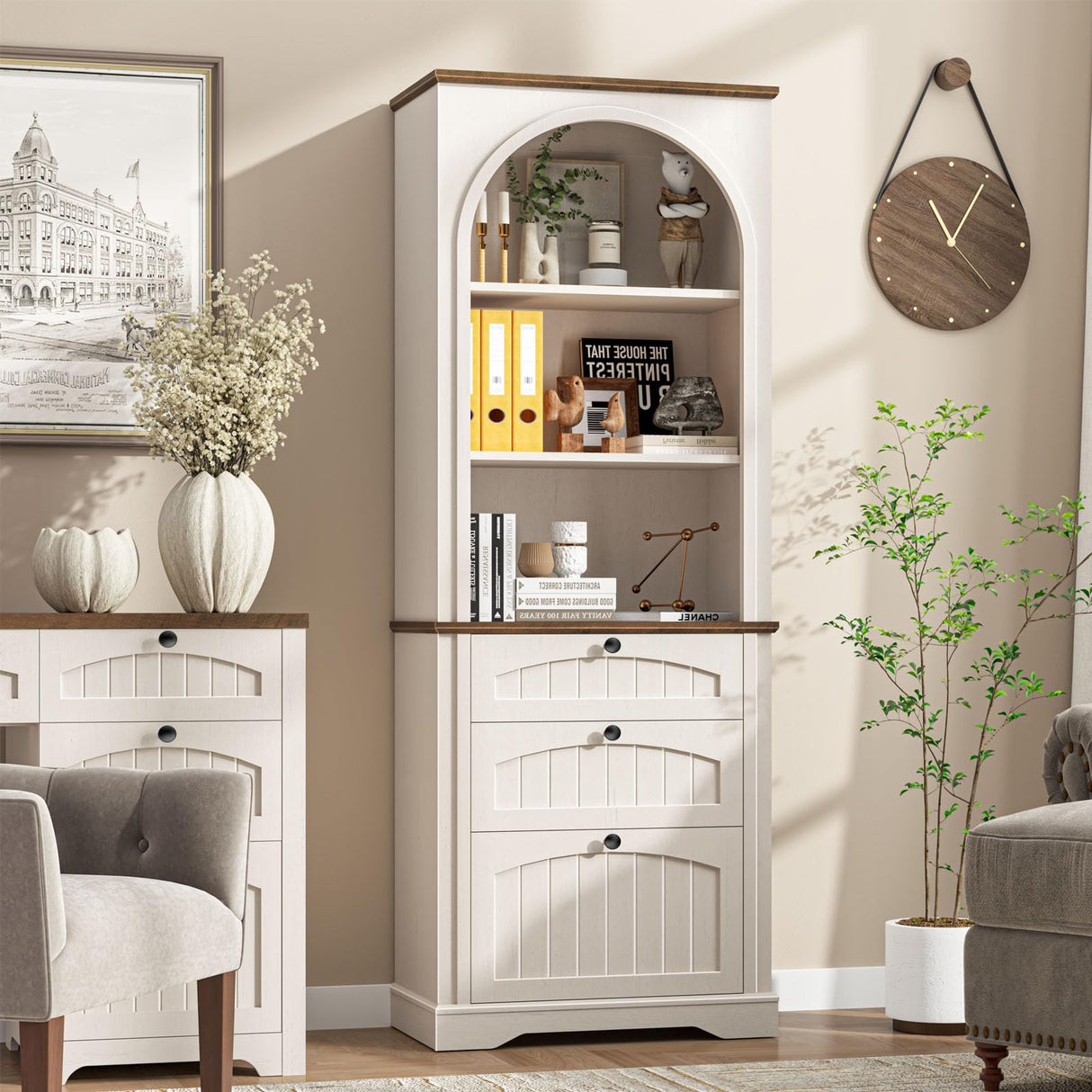 Bookshelf with File Drawers for Letter/A4/Legal Size Hanging Files, 68" Tall Farmhouse Bookcase with 3-Tier Open Shelves, Wood Floor Display Storage Cabinet for Home Office, Living Room, Rustic White Vabches