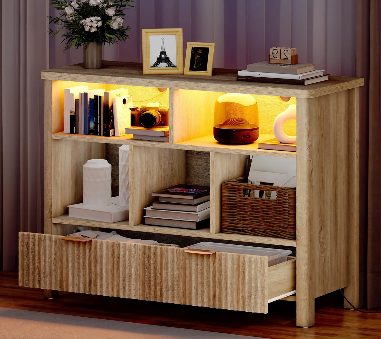 YITAHOME Bookcase with Drawers, Fluted Wood Cubby Storage Organizer Shelf Cube Bookshelf with Adjustable LED Lighting, Modern Horizontal Bookshelf for Living Room, Office, Entryway, Oak YITAHOME