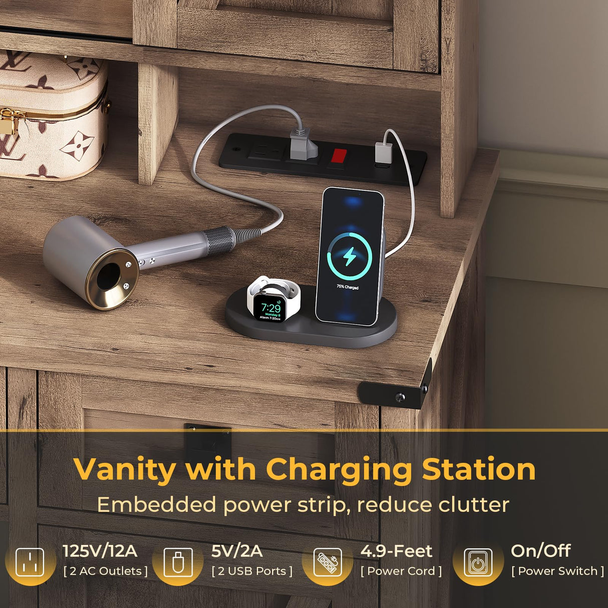 Farmhouse Vanity Desk with Mirror and Lights, 41" Sliding Door Makeup Vanity with Charging Station, Large Vanity Table with Drawers/Shelves/Cabinet Storage, Rustic Oak MSmask