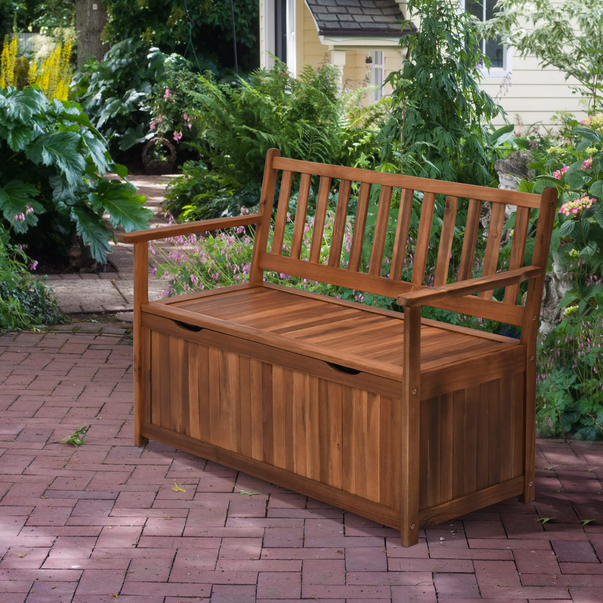 Outsunny Teak 41 Gallon Outdoor Storage Bench with Waterproof Lining and 2-Seat Capacity Outsunny