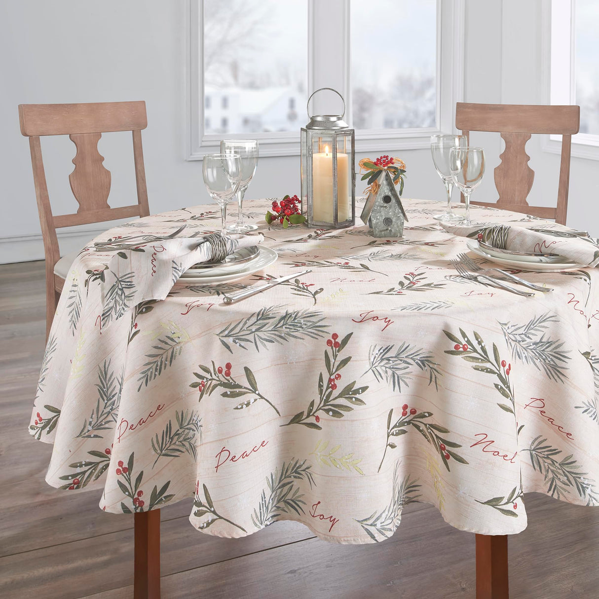 Elrene Home Fashions Holiday Tree Trimmings Wrinkle Resistant Fabric Christmas Tablecloth, 70", Round Elrene