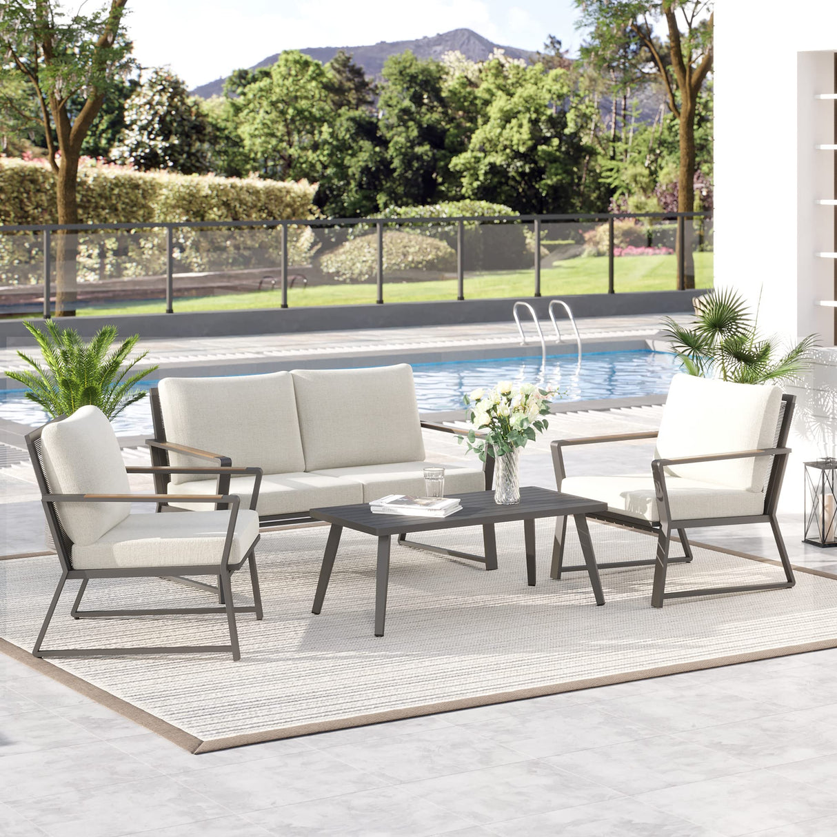Outsunny 4 Piece Patio Furniture Set, Aluminum Conversation Set, Outdoor Garden Sofa Set with Armchairs, Loveseat, Center Coffee Table and Cushions, Cream White Outsunny