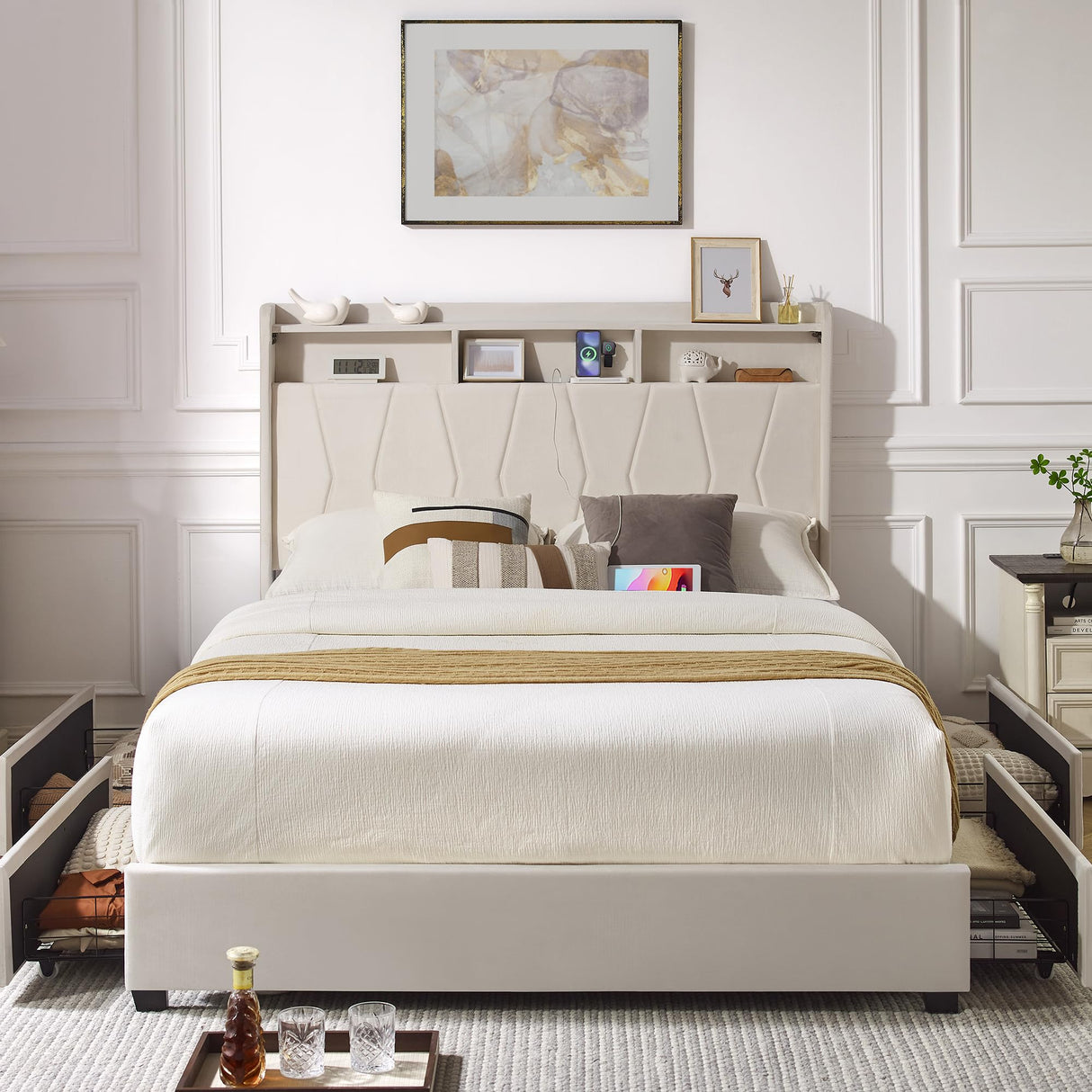 LegacyAmerhome Queen Bed Frame, Velvet Upholstered LED Platform Bed with Headboard Storage, Queen Bed Built-in Charging Station with 4 Drawers, Wood Slat Support, No Box Spring Needed, Beige LegacyAmerhome