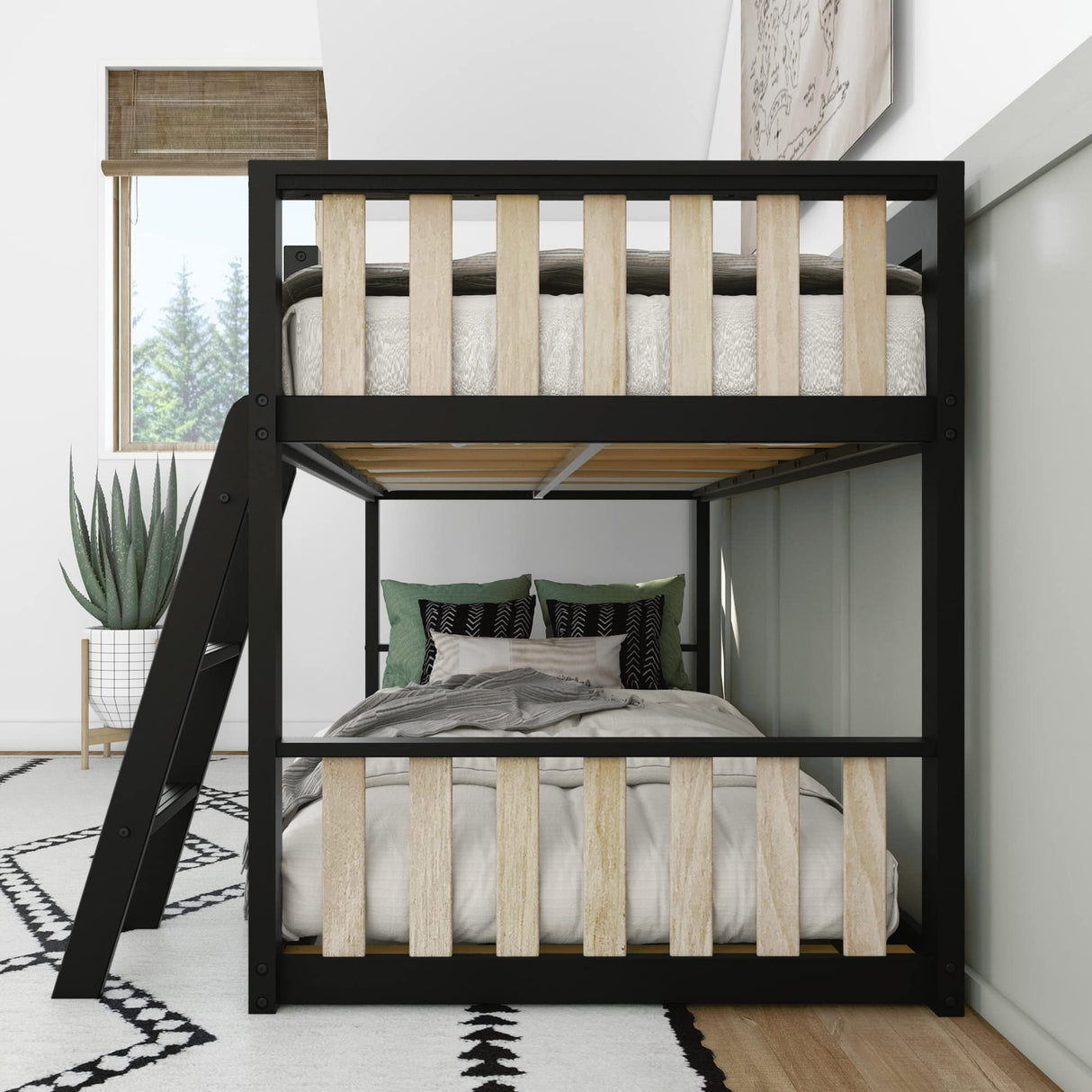 Max & Lily Low Bunk Bed, Scandinavian Modern Bunk Bed, Solid Wood Twin-Over-Twin Bed Frame for Kids, No Box Spring Needed, Black/Blonde Max & Lily