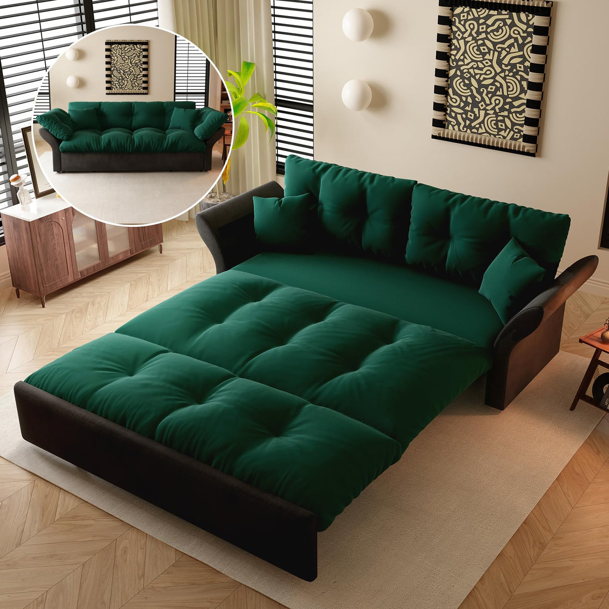 KIVENJAJA 74.8” Queen Pull Out Sofa Bed, 3 in 1 Convertible Sleeper Sofa Futon Pullout Couch, Velvet Tufted Cloud Loveseat with 2 Pillows for Living Room Bedroom Apartment, Emerald Green KIVENJAJA