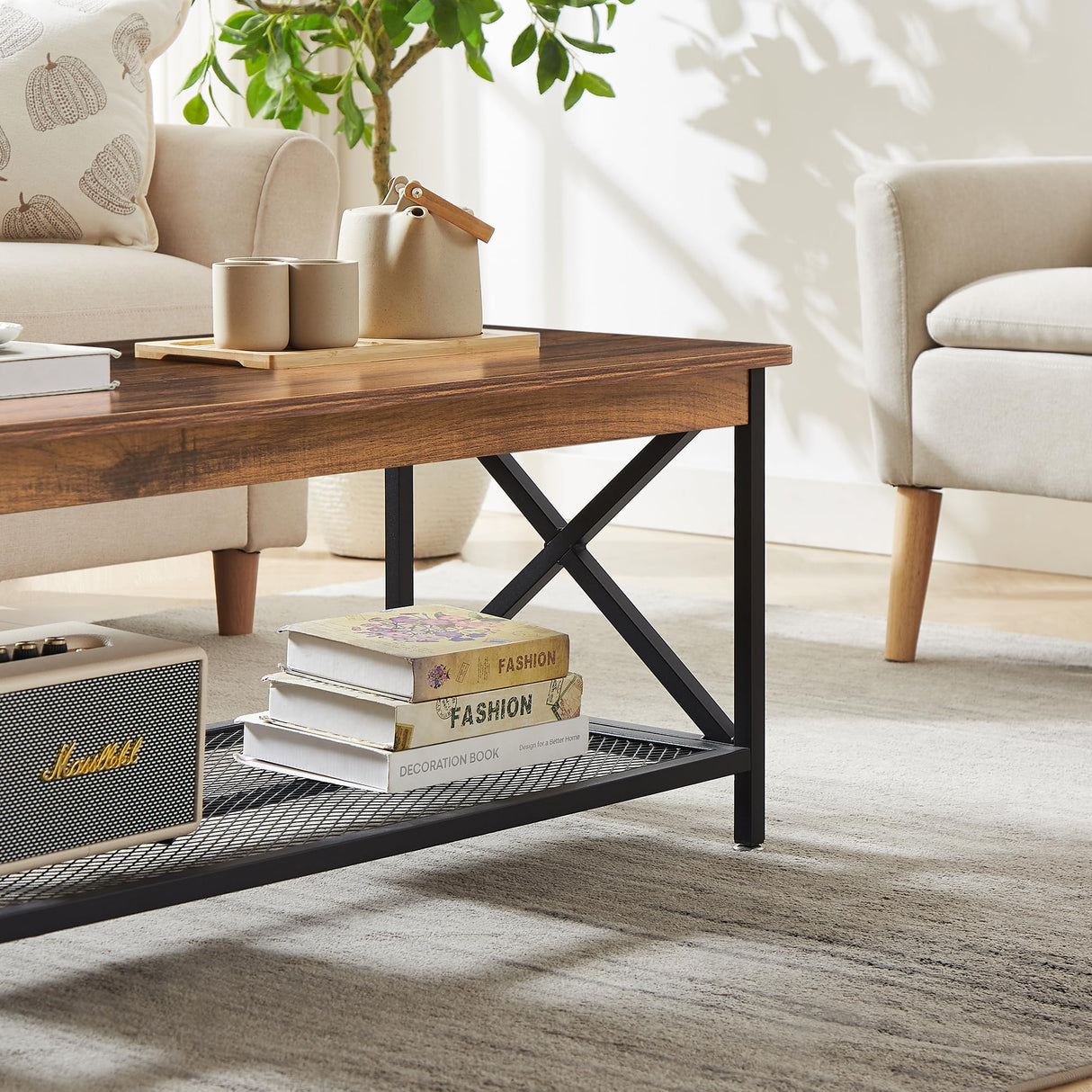 VECELO Coffee Table with 2-Tier Storage Shelf X-Frame for Living Room, Office Industrial Style,Easy Assembly, 39 inch Classic Brown