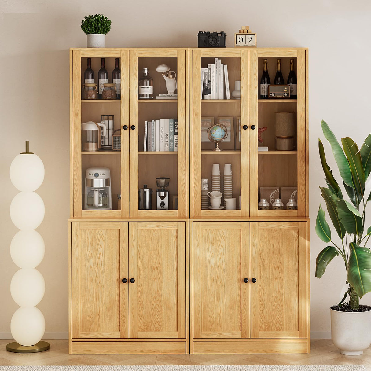 TUSY 4-Piece Large TV Stand with Bookshelves for TVs up to 75", TV Entertainment Center Media Center with Tempered Glass Doors and Shelves, TV Hutch for Living Room (Wood) TUSY