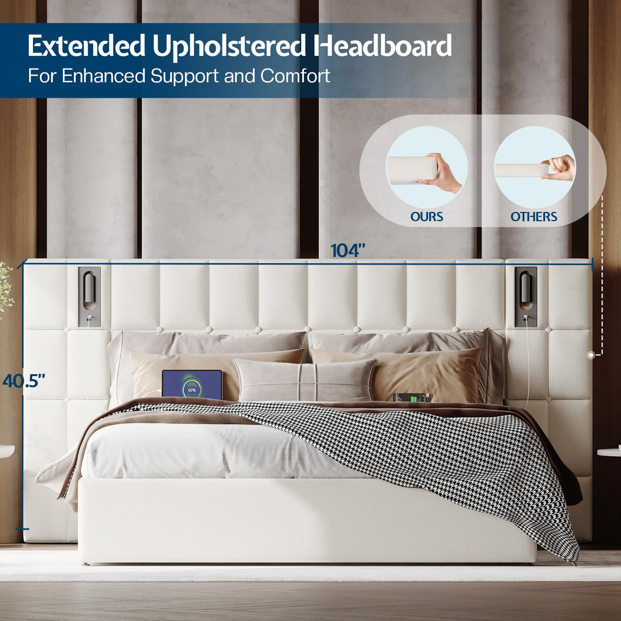 Jocisland King Size Upholstered Bed Frame with Widened Headboard,Lift-Up Storage Bed and Built-in Reading Light, Velvet Platform Frame, No Box Spring Required,Cream Jocisland