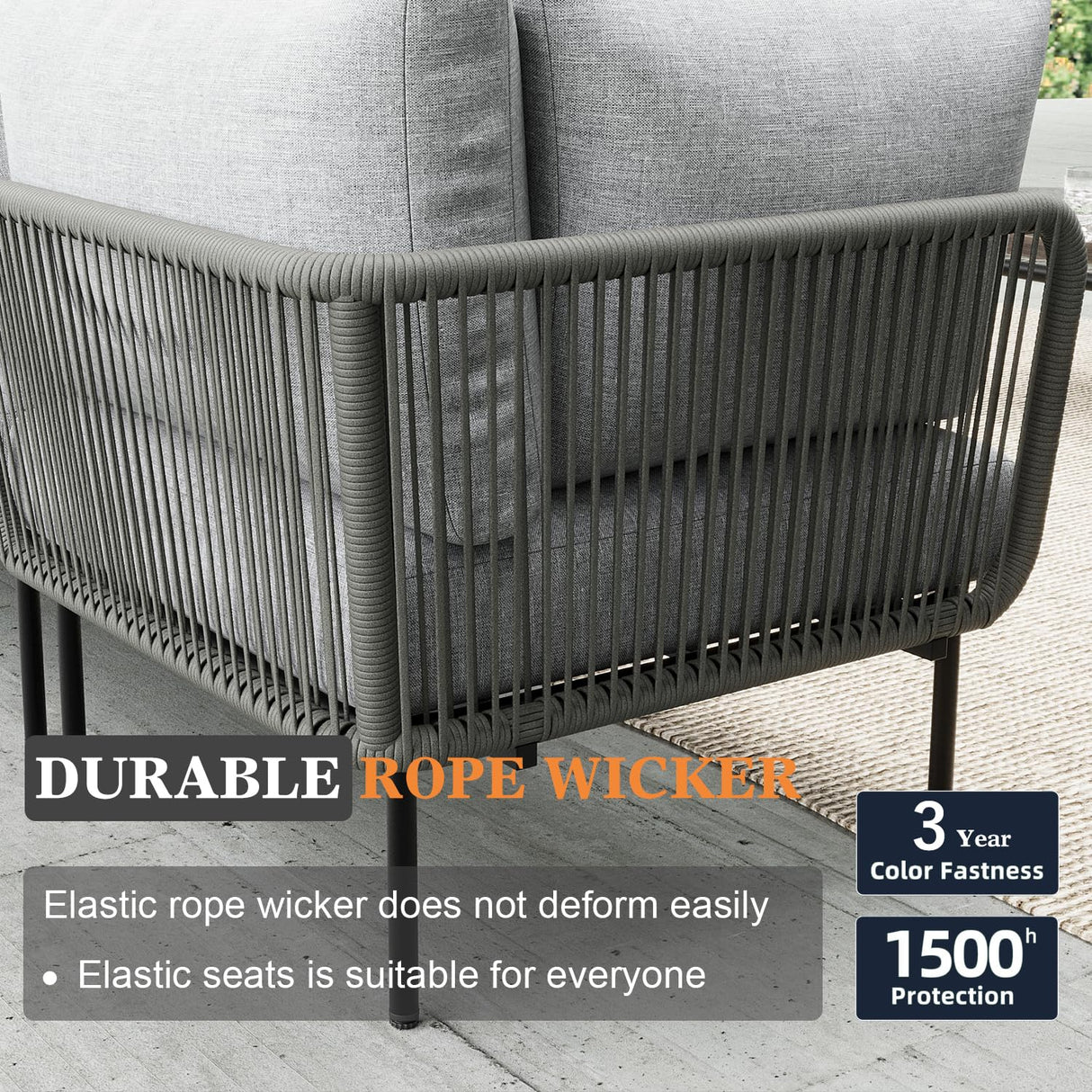 Vakollia 7 Piece Modern Outdoor Rope Wicker Sectional Patio L-Shaped Conversation Sofa Set Deep Seating with Fire Pit Table Vakollia