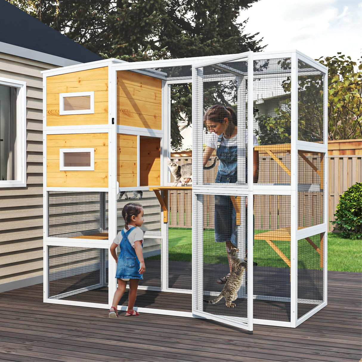 TIMHAKA Catio Outdoor Cat Enclosure, Large 4 Tiers Cat Catio Connect to Window for Outdoor Indoor Cats with Weatherproof Roof, Resting Rooms, Platforms, Large Door, 76" L x 32.9" W x 70.8" H, White TIMHAKA