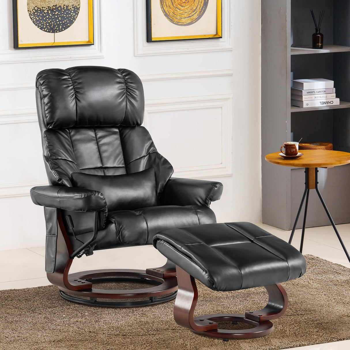 MCombo Manual Swivel Recliner with Ottoman, Reclining Chair with Vibration Massage for Small Spaces, Living Room, Office, Faux Leather 9068 (Black) MCombo