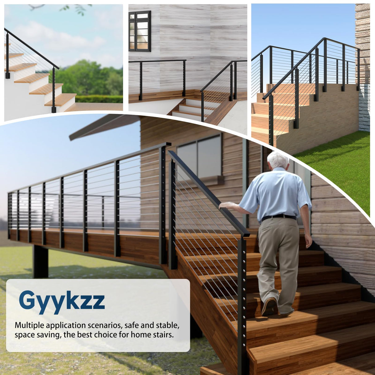 Gyykzz 42" Side Mount Stair Cable Railing Post for 36"-38" Stair Railing, Left Side Space-Saving 33° Drill Stair Handrail Deck Post for Cable Railing System Kit Indoor Outdoor Wood Concrete Gyykzz
