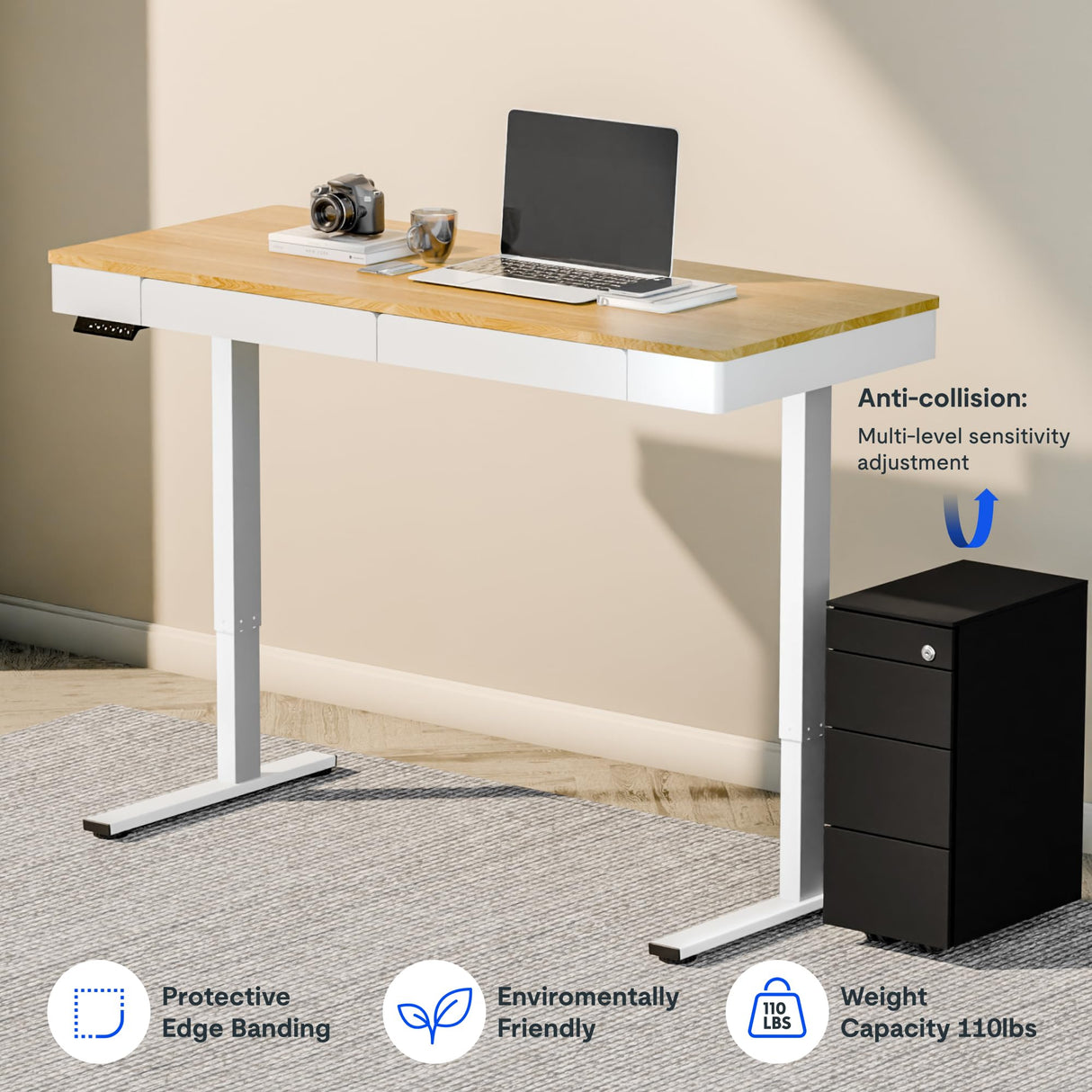 FLEXISPOT 55 x 24 Inch with Double Drawers Q5 Standing Desk, Electric Adjustable Height Stand Up Desk with 4 Preset Heights Whole Piece Wooden Desktop for Home, Office, Workstation, Maple FLEXISPOT