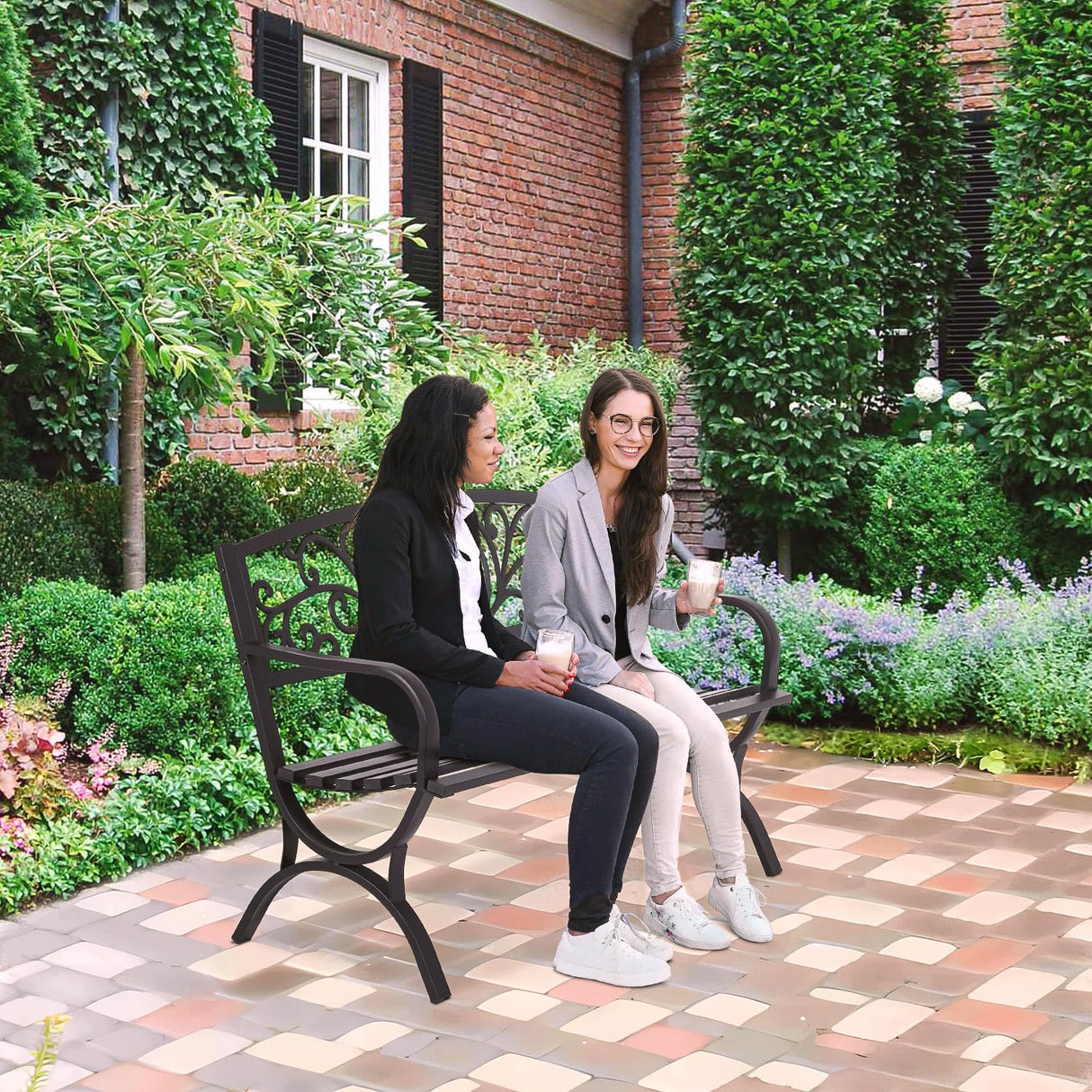 FDW Outdoor 50 Inches Garden Bench, Slatted Seat Armrests Floral Design Backres and Arch Legs, Perfect for Park, Yard, Porch, Lawn, Balcony, Backyard, Black FDW