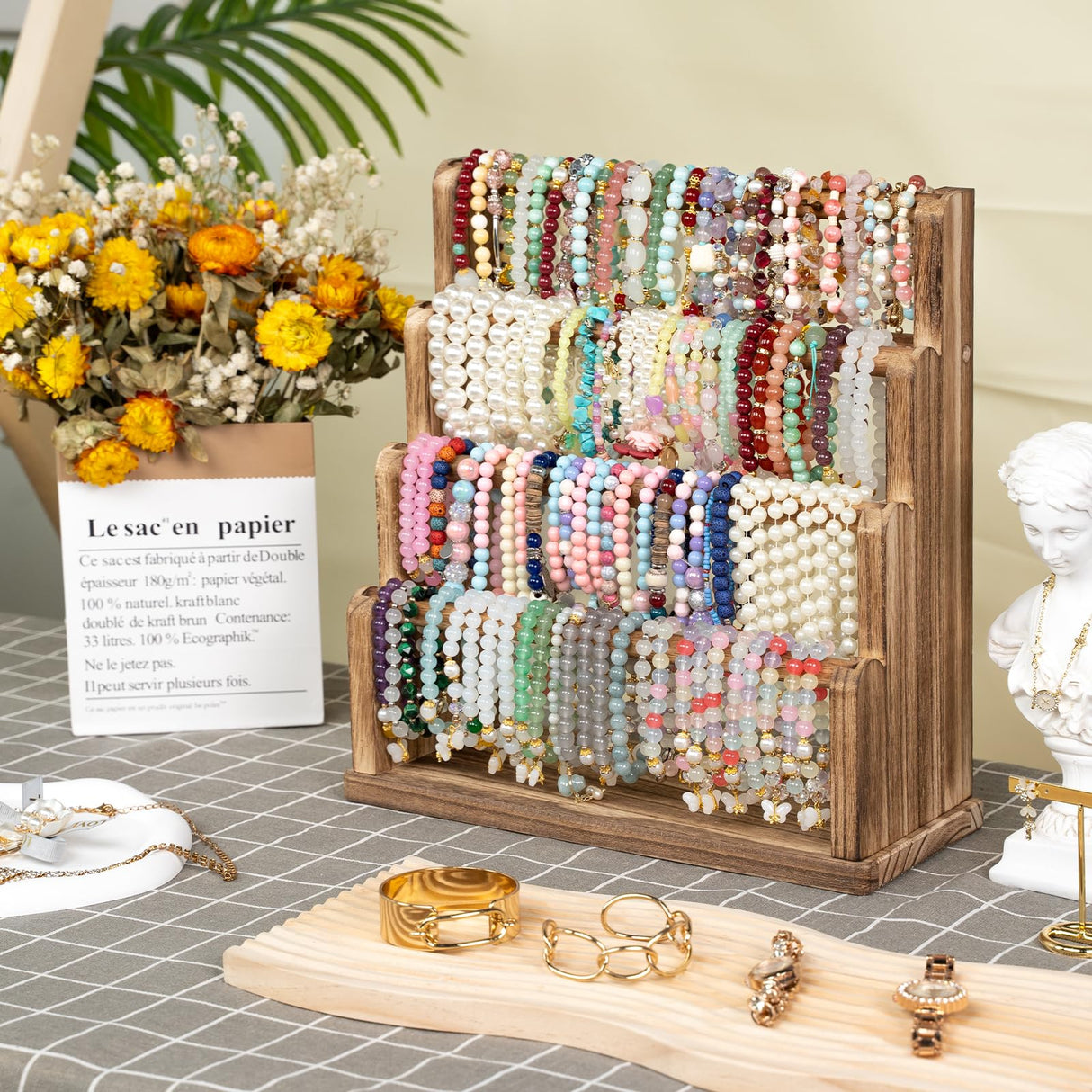 Emfogo Bracelet Holder, 4 Tier Bracelet Organizer Storage for Bracelets Bangles Watch Scrunchies, Rustic Wood Jewelry Organizer Display for Home, Vendors, Craft Shows and Store(Rustic Brown) Emfogo