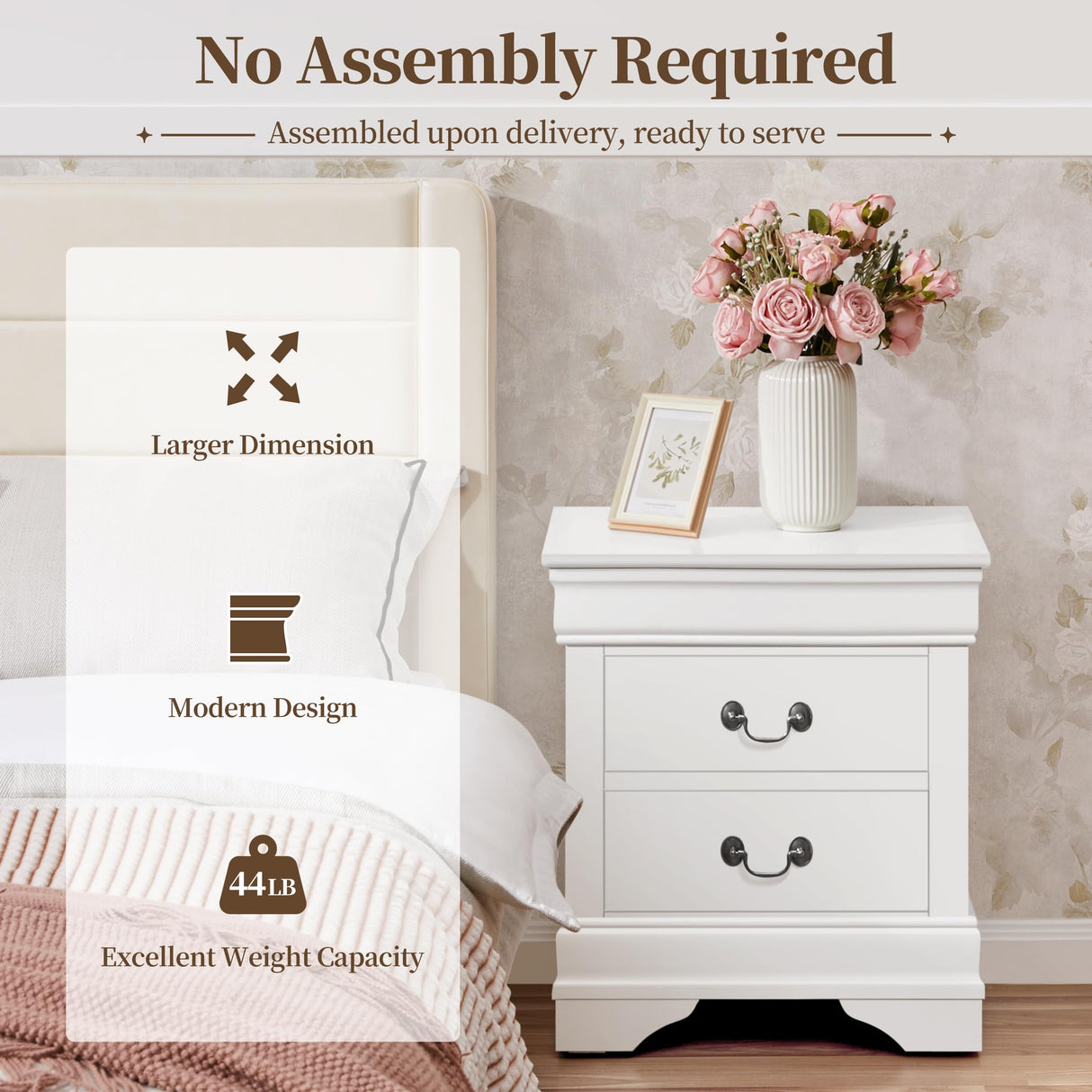 Yaheetech Fully-Assembled Nightstand with Drawers, Classic 2-Drawer Nightstand Large Bedside Table with Storage, Wooden Painted Storage Cabinet for Bedroom, 21.5″L×16″W×24.5″H, White Yaheetech