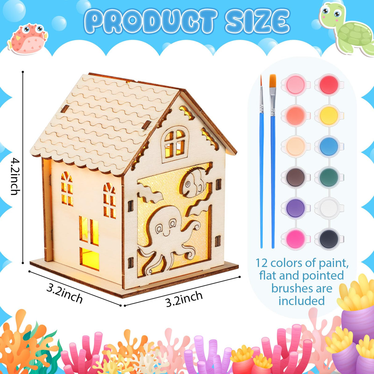 Soaoo 18 Pcs Wood Crafts for Kids Summer Wood Houses Light up Houses Unfinished Wooden Craft Kit Include 3D Sea Animal Wooden Puzzle with 12 Paint and Brushes for Toddler Kids Adults(Marine Animal) Soaoo