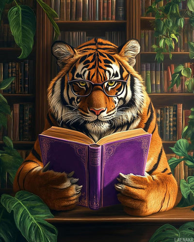 Reading Animals DIY Paint by Number for Adults Beginner Fierce Tiger in the Library Painting by Numbers Paint Kits Canvas Gifts Arts Crafts for Home Wall Farmhouse Rustic Decor16x20Inch No Frame