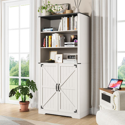 Maupvit 67" White Tall Bookshelf and Bookcase with Doors, 5-Tier Farmhouse Book Shelf with Storage Cabinet, Open Display Shelves, Wood Large Book Storage Cabinet for Living Room, Study, Kitchen, Home