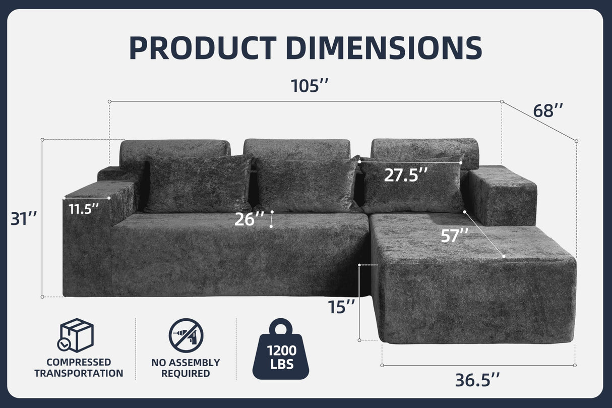 Homguava Modular Sectional Couches for Living Room,105" Cloud Couch with L-Shape Chaise,Comfy Sofa Living Room Couch with Deep Seat,No Assembly L Couch,Luxury Distressed Velvet(Grey,R) Homguava
