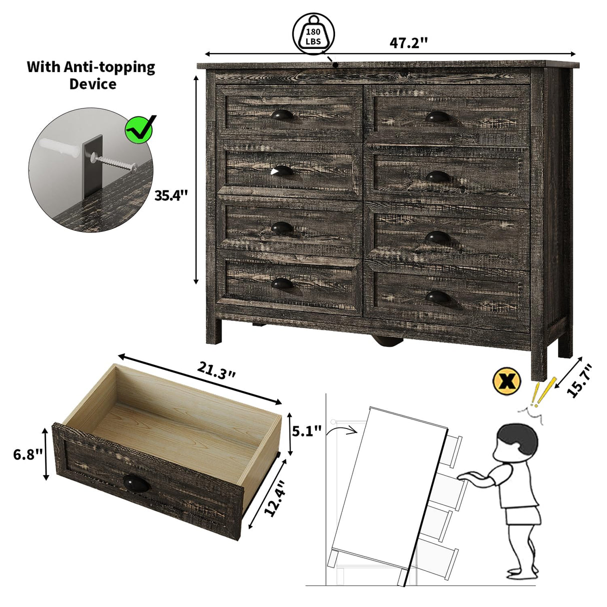 Rustic 8 Drawer Dresser for Bedroom, Modern Farmhouse Wood Dresser with Vintage Black Antique Handle, Double Dresser and Chest of Drawers for Hallway 8 Drawer Dresser, Rustic Brown Oak HOUROM