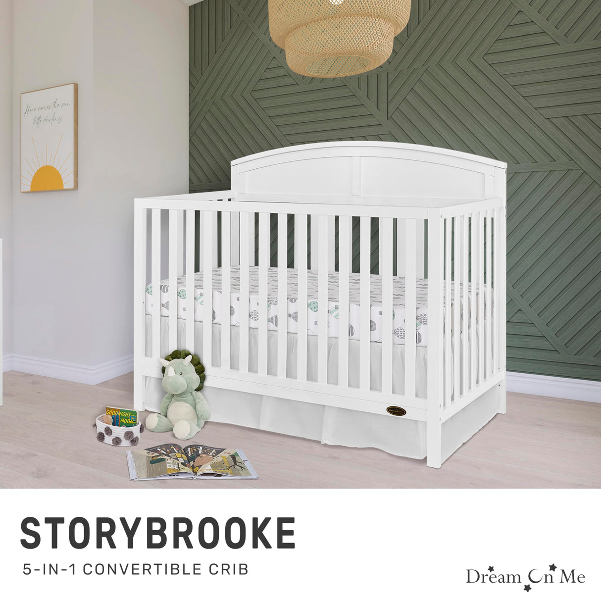 EVOLUR Dream On Me Storybrooke 5 in 1 Convertible Crib in White, JPMA & Greenguard Gold Certified,Built of Sustainable Pinewood, 3 Mattress Height Settings, Non-Toxic Water-Based Paint Finish Dream On Me