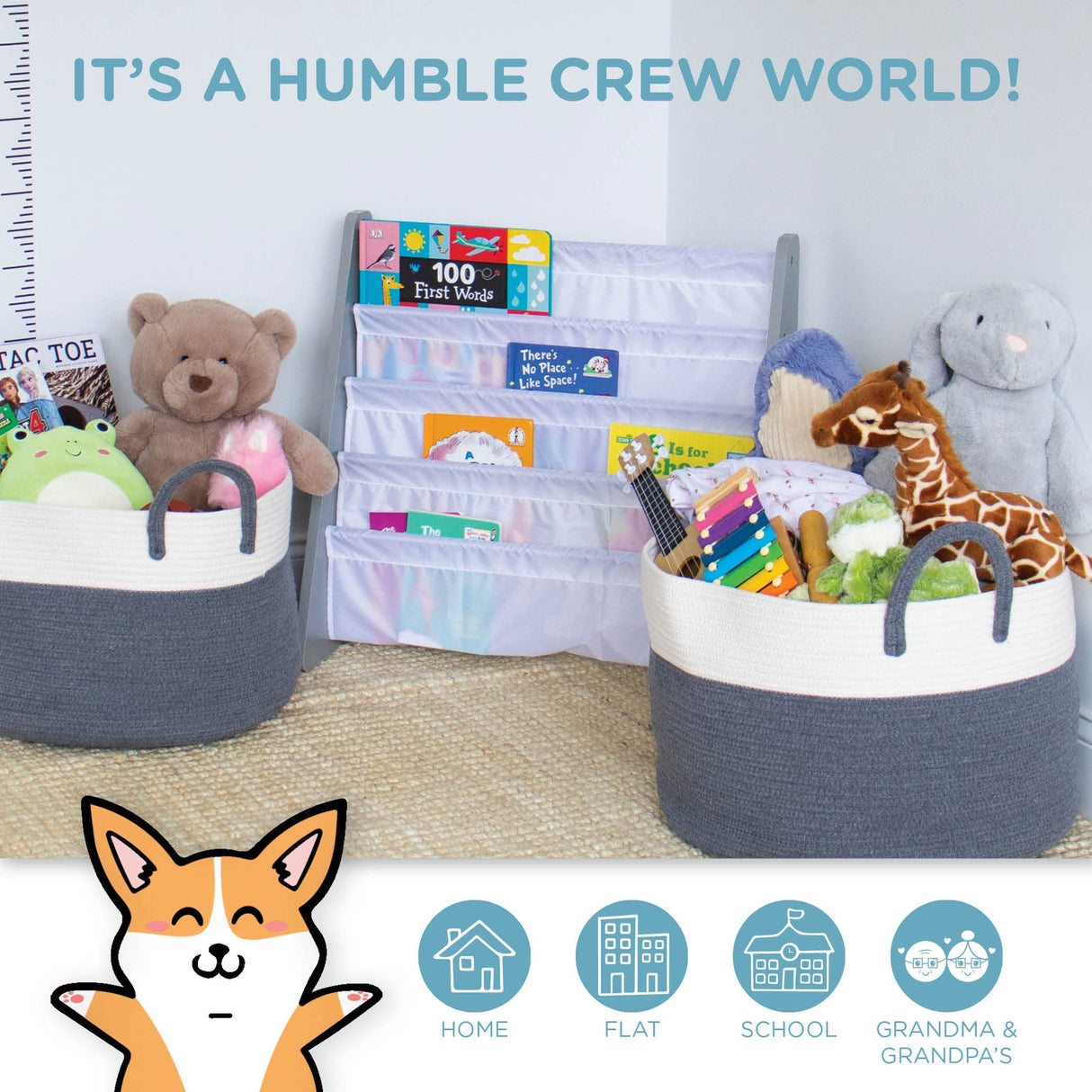 Humble Crew 4-Tier Kids Bookshelf, Grey Wood/White - Premium Book Shelf for Kids Rooms with Four Deep Pockets - Toddler Sling Book Rack with Deep Sleeves, Nursery Bookcase Organizer Humble Crew