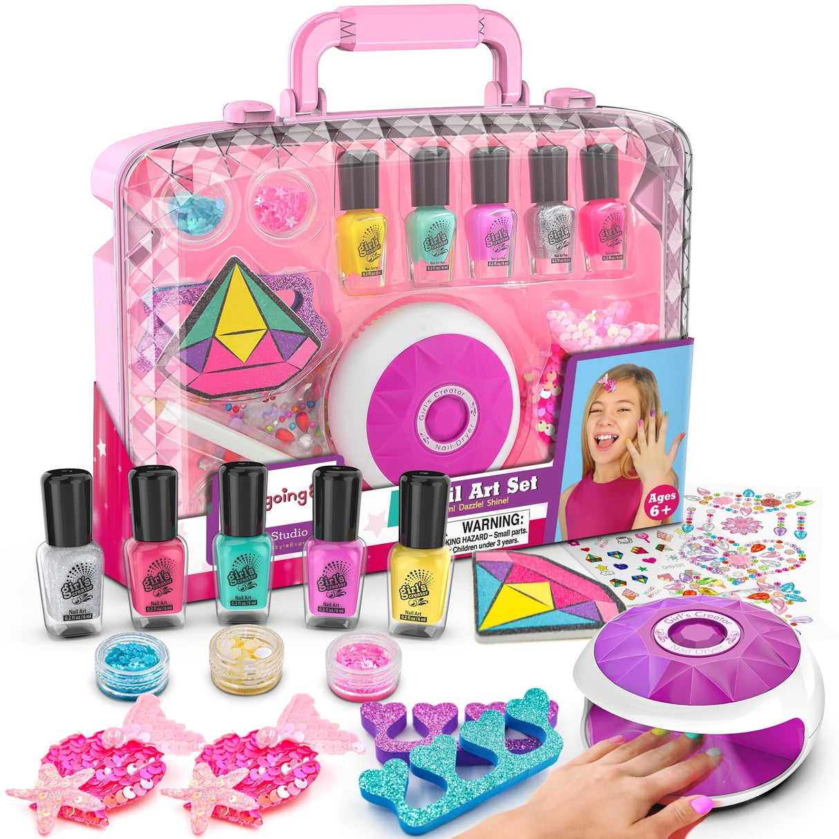 Amagoing Kids Nail Polish Set for Girls, All-in-One Nail Art Kit with Storage Box Ages 6-8, Non Toxic Nail Polish, Nail Dryer, Mermaid Hair Clip, Little Girl Toys Birthday Gift for 5 6 7 8 Years Old Amagoing