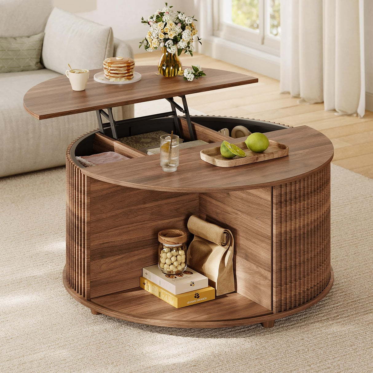 Round Lift Top Coffee Table, 34.6" Modern Coffee Table with 180° Curved Sliding Door, Fluted Accent Coffee Tables with Hidden Storage and Open Shelves, for Living Room, Office, Walnut Sikaic