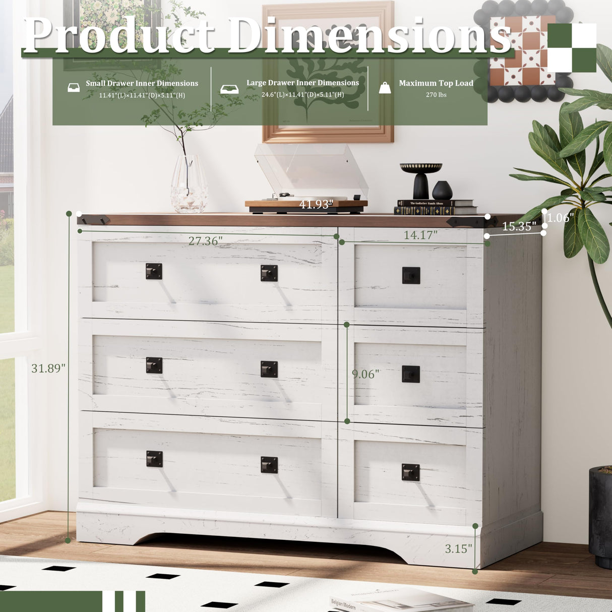 Royal Windsor Farmhouse 6 Drawer Dresser for Bedroom, Chest of Drawers Dresser for Closet, Clothes Organizers and Storage with Spacious Tabletop, Wooden Dressers for Living Room, White Royal Windsor