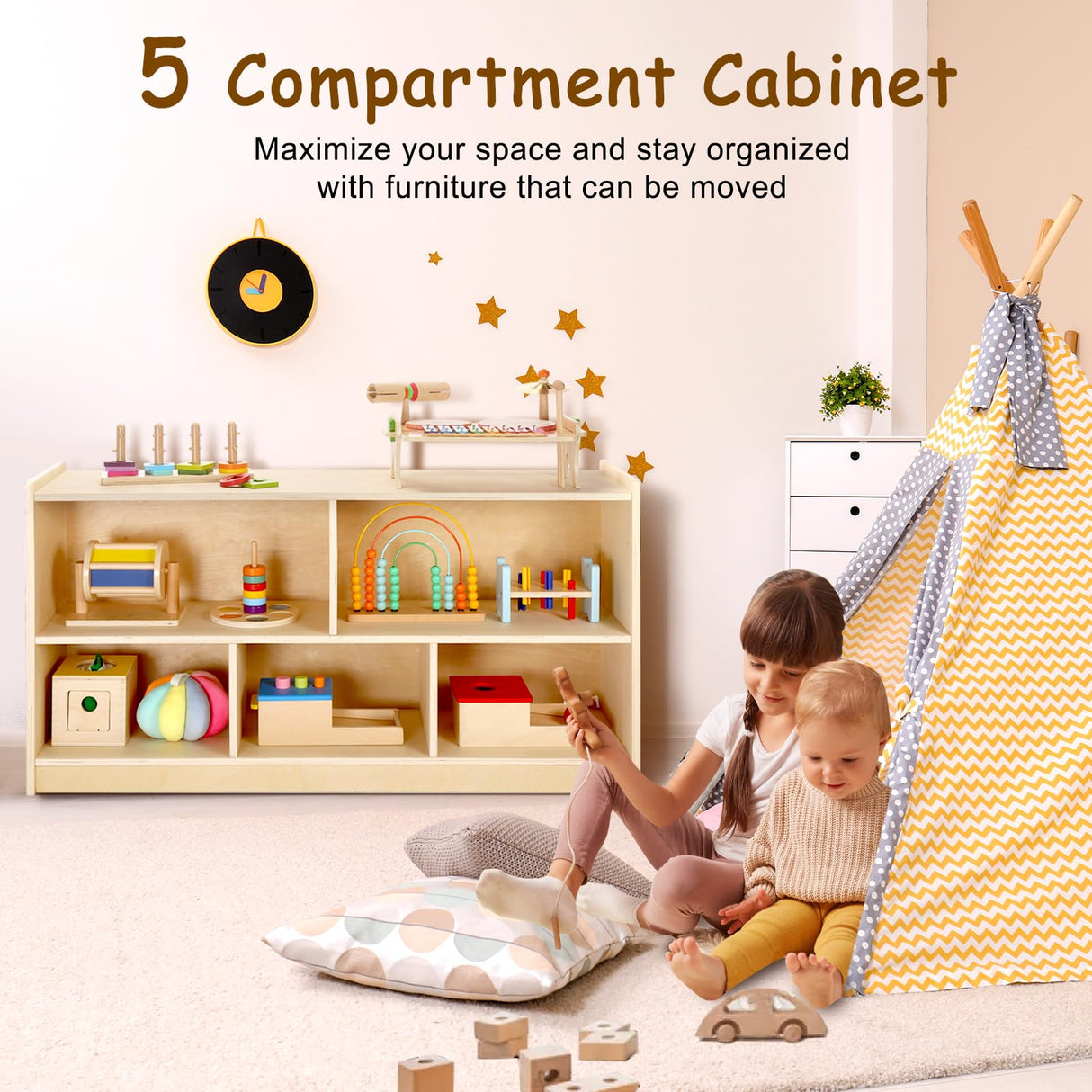 Wingyz Natural Wood 5-Section Montessori Bookshelf & Toy Storage Organizer for Kids Wingyz