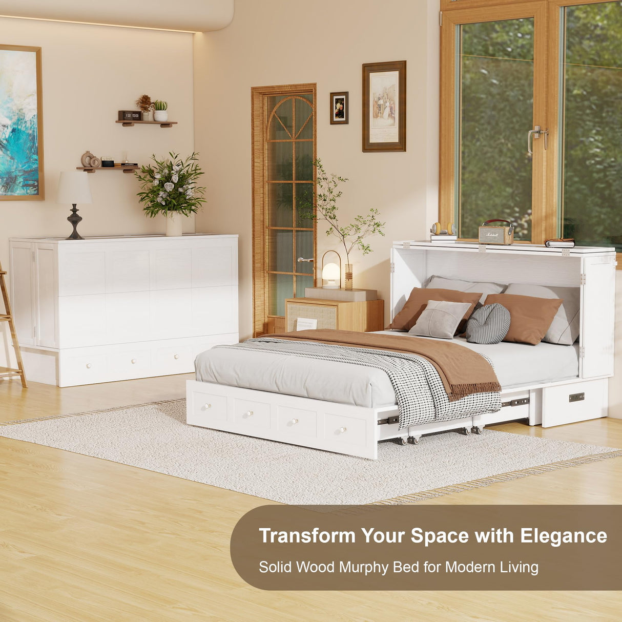 Keloyid Solid Wood Murphy Bed Cabinet:Queen Size Murphy Bed with USB Charging Station and Large Storage Drawer for Home,Optimize Sleeping Space(Mattress Not Included) Ivory White-11 Keloyid