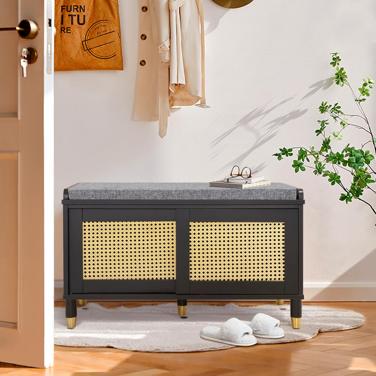 Anbuy Shoe Storage Bench for Entryway with Rattan Door, Rattan Shoe Rack Bench entryway Bench, Shoe Cabinet with Soft Cushion, Holds 300 lb, 31.5 x 13.78 x 19.1 inches (Black) Anbuy