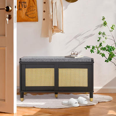 Anbuy Shoe Storage Bench for Entryway with Rattan Door, Rattan Shoe Rack Bench entryway Bench, Shoe Cabinet with Soft Cushion, Holds 300 lb, 31.5 x 13.78 x 19.1 inches (Black)