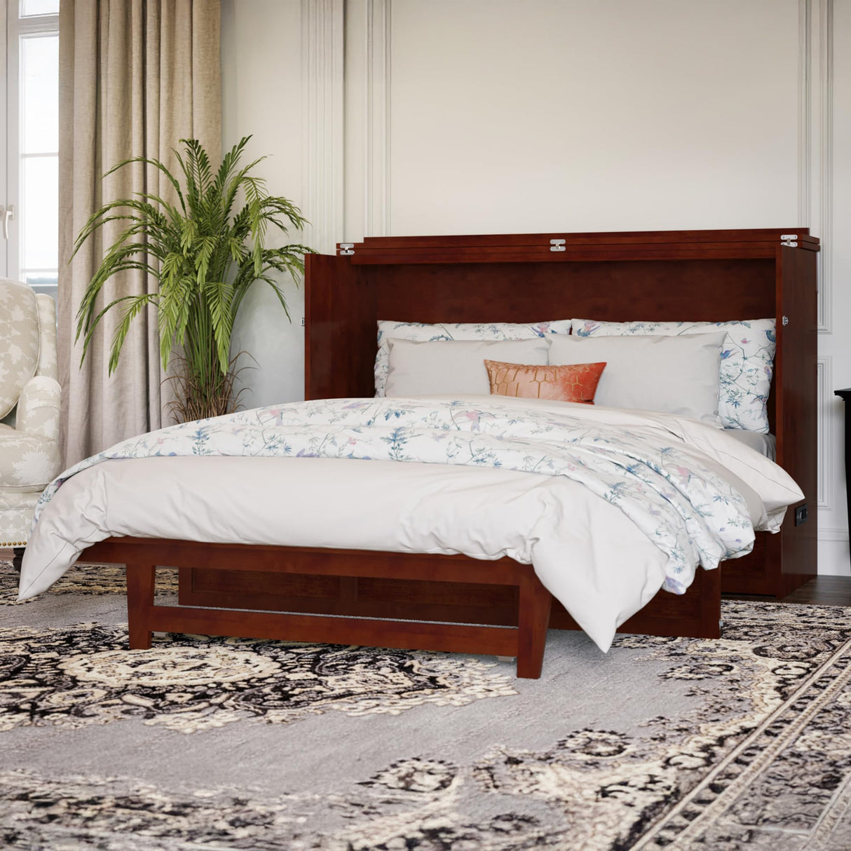 AFI, Northfield Murphy Bed Chest Queen with 6" Mattress, Storage Drawer & Built-in USB Charger, Walnut AFI