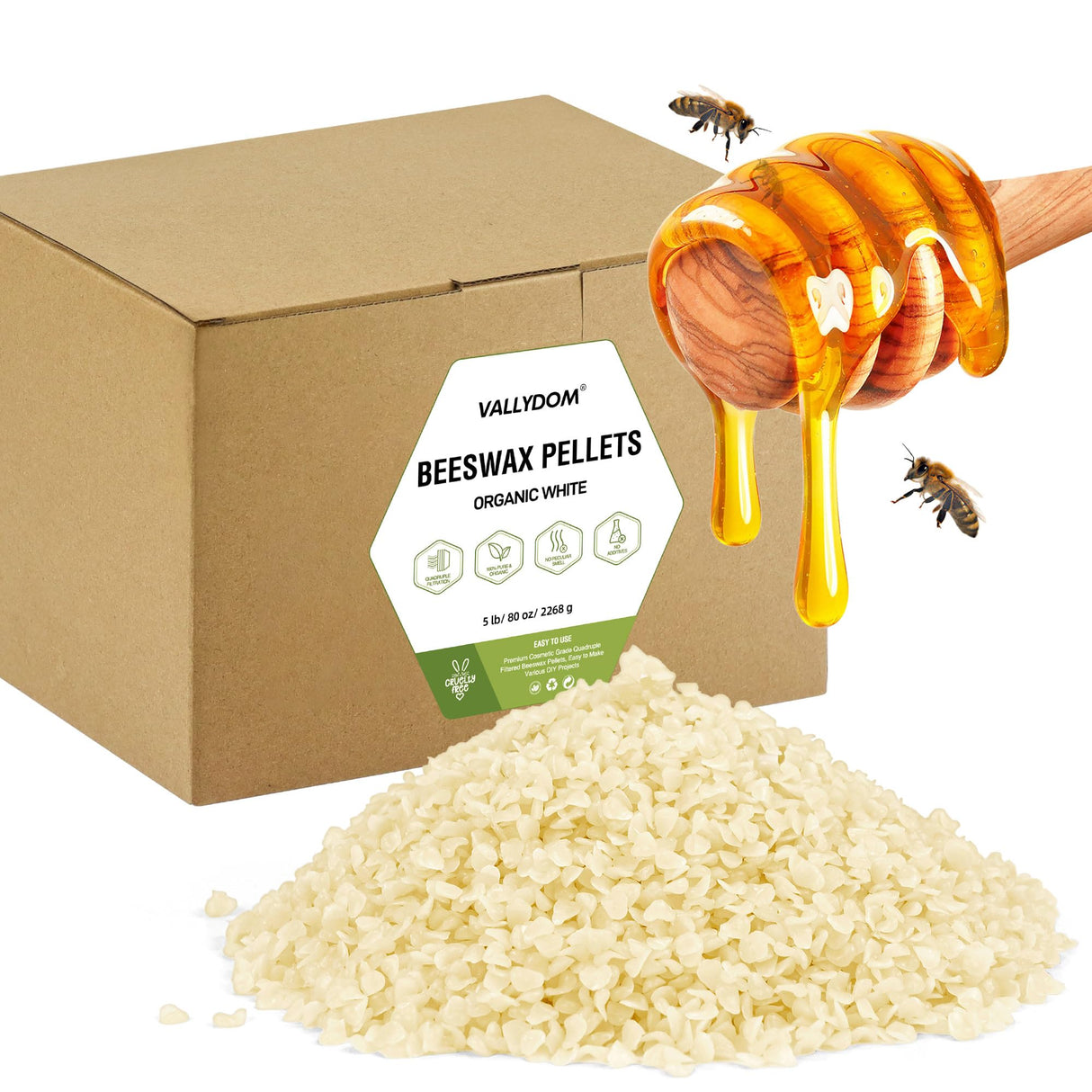 VALLYDOM Organic Beeswax Pellets - 2268g White Beeswax Pastilles, Pure Natural Bulk Bees Wax Pellets for DIY Beeswax Making Candles Skin Care Lip Balm Soap Lotion (5lb) VALLYDOM