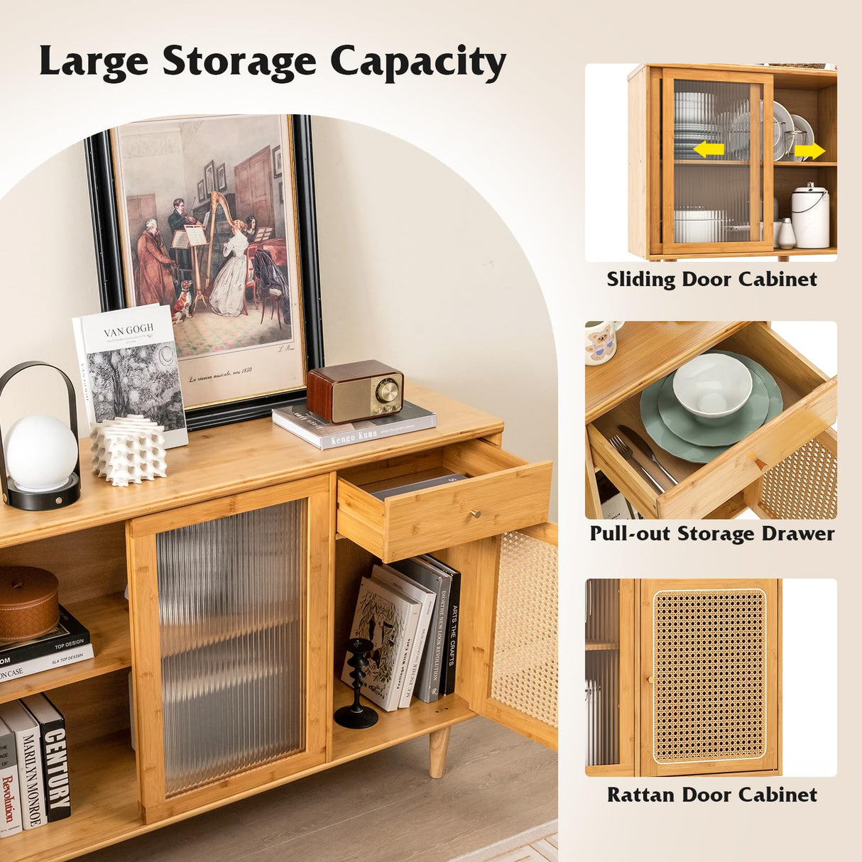 Moccha Buffet Cabinet with Storage, Bamboo Storage Cabinet with Rattan Glass Door Cabinet & Drawer, Farmhouse Kitchen Buffet Sideboard, Boho Console Table Credenza for Living Room Dining Room LDAILY